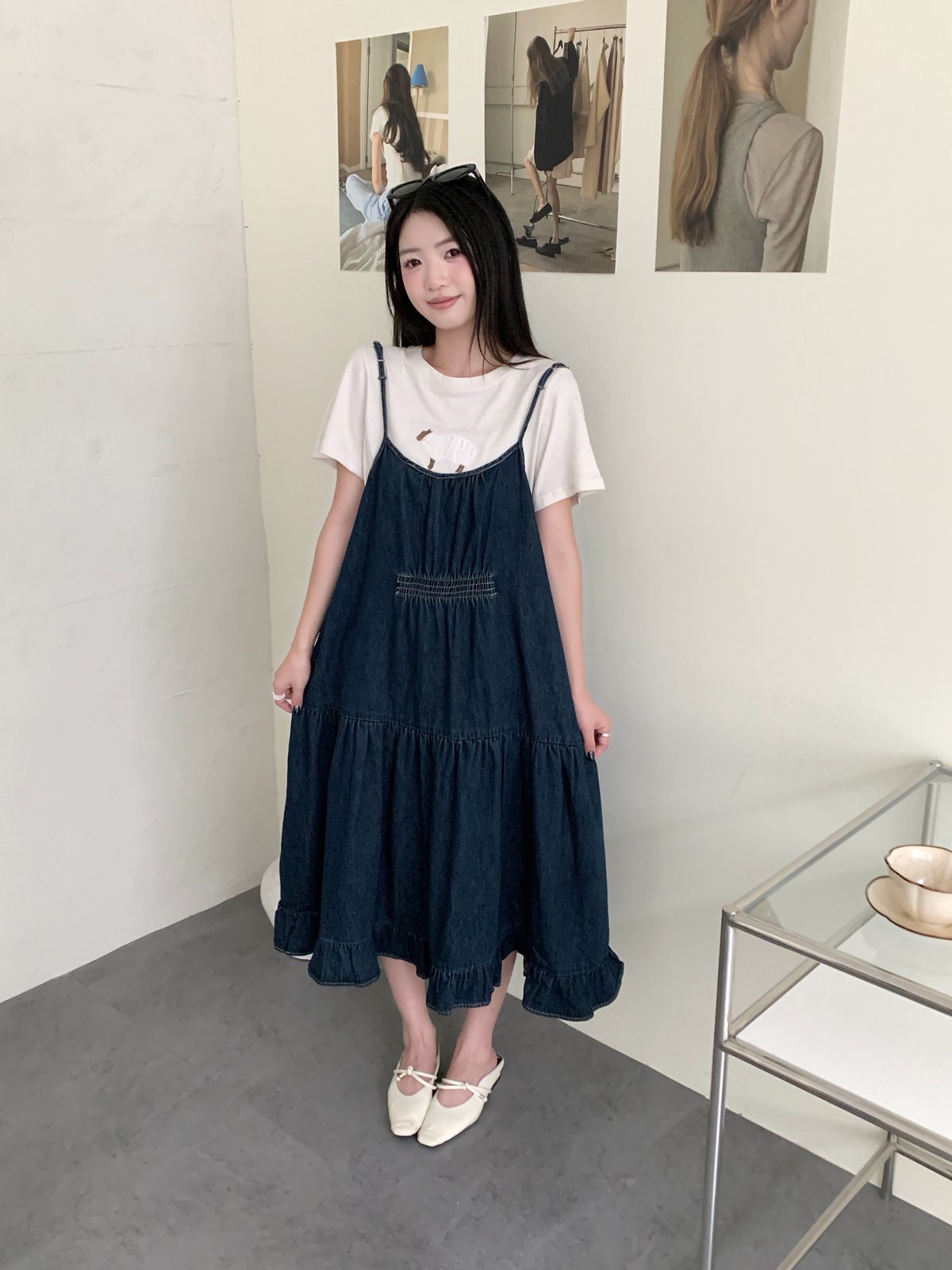 雙面都可以穿的抓皺吊帶牛仔洋裝 19