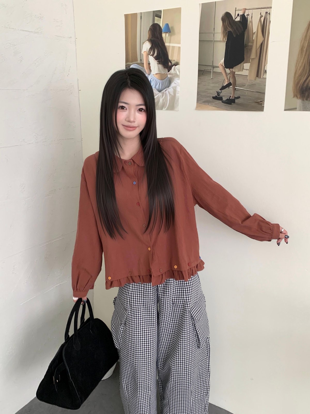 彩扣荷葉娃娃日系襯衫