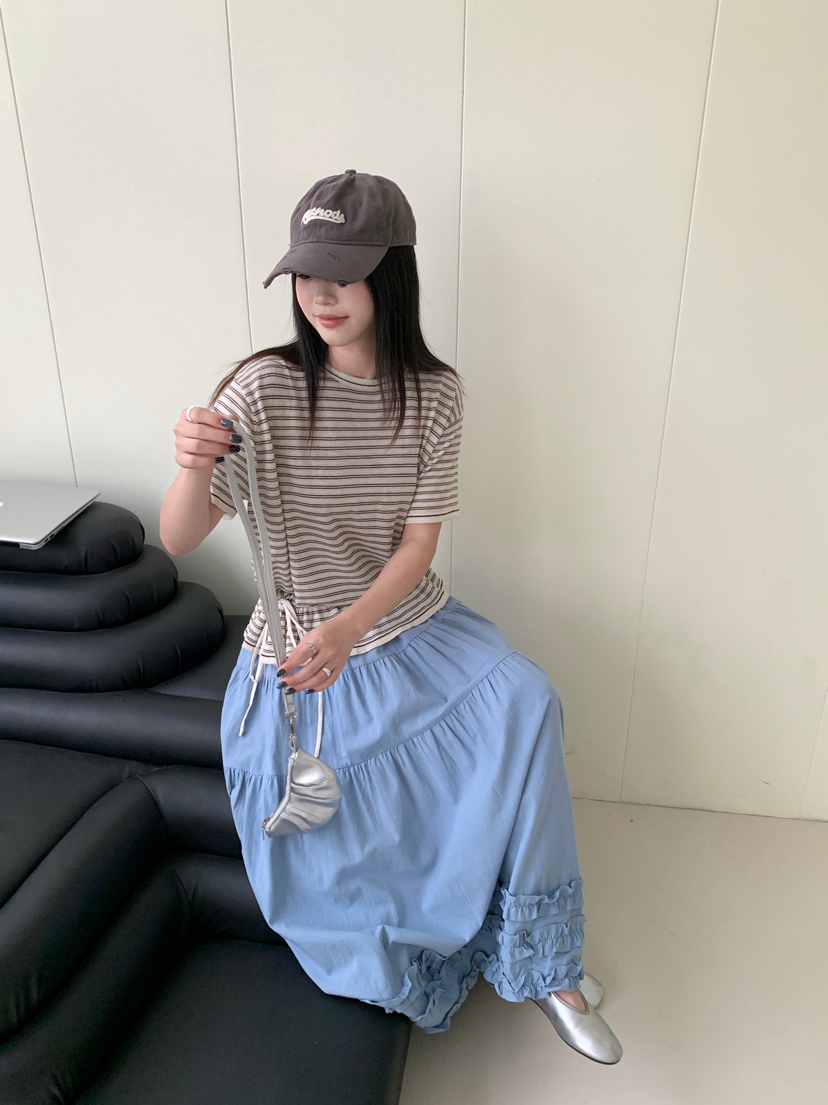 迷霧藍層疊荷葉圓擺長裙 3
