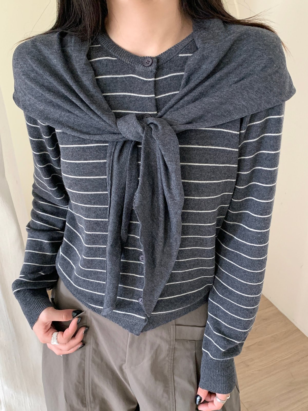 條紋針織開襟兩件式上衣 8