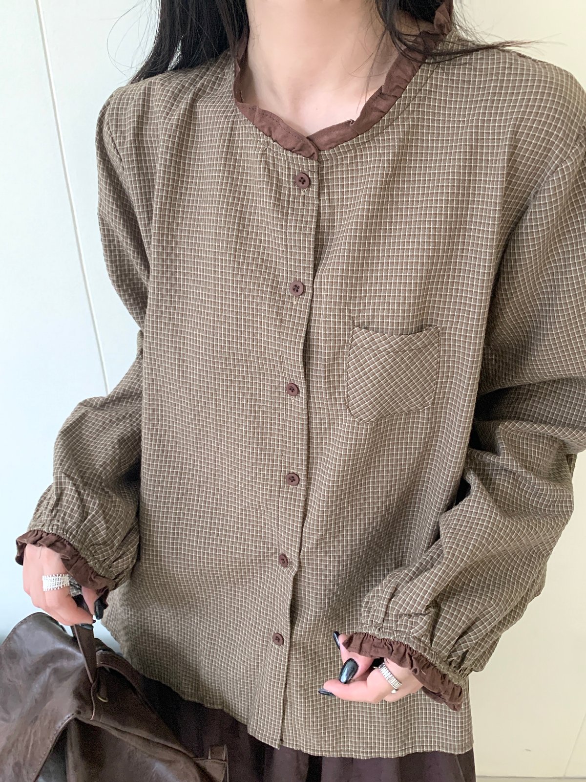 格紋荷葉邊圓領襯衫 2
