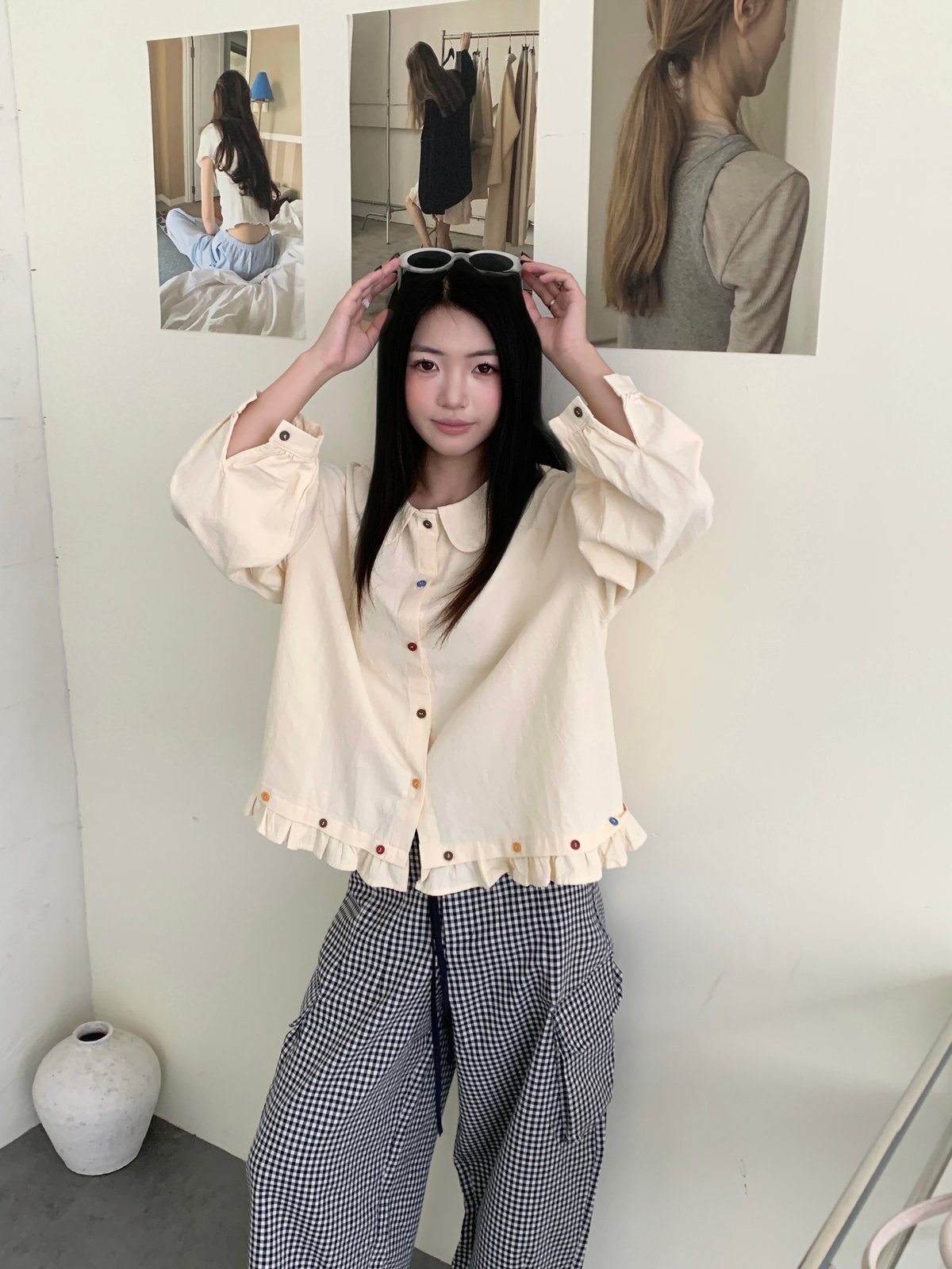 彩扣荷葉娃娃日系襯衫 3
