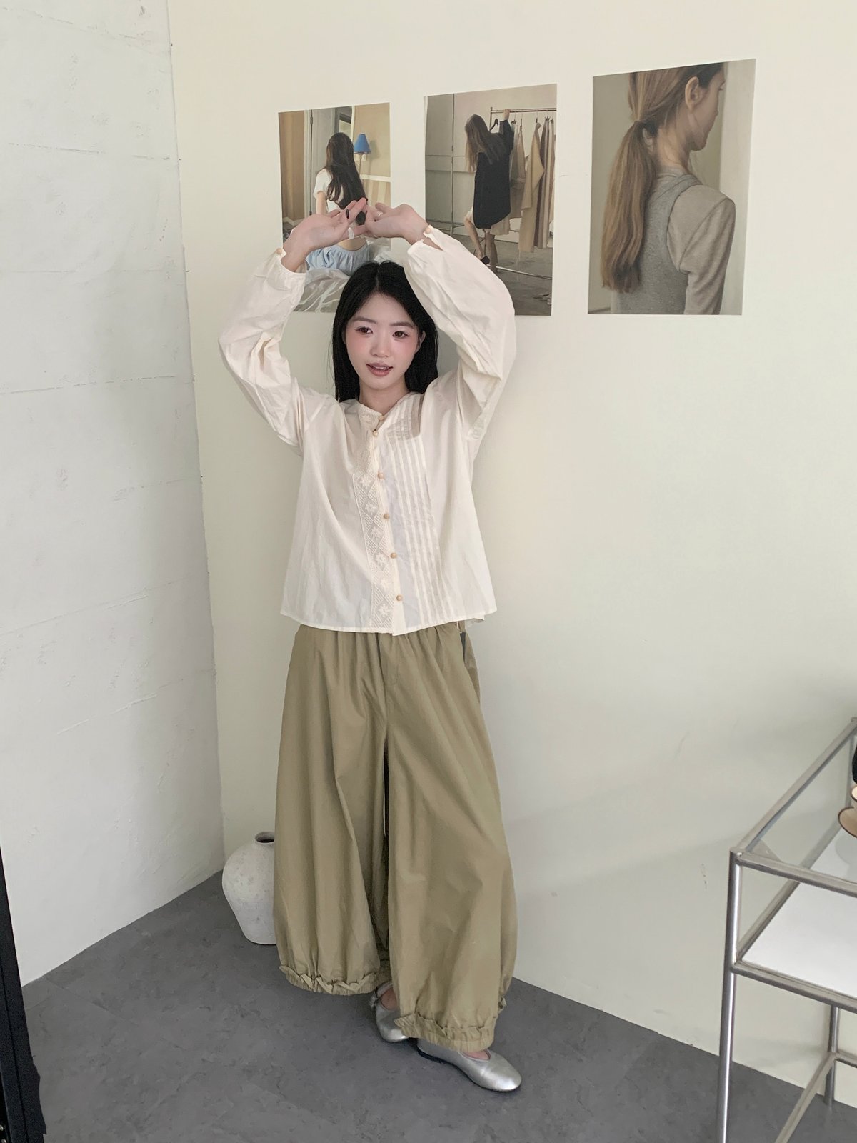 蕾絲壓摺木釦復古襯衫 4